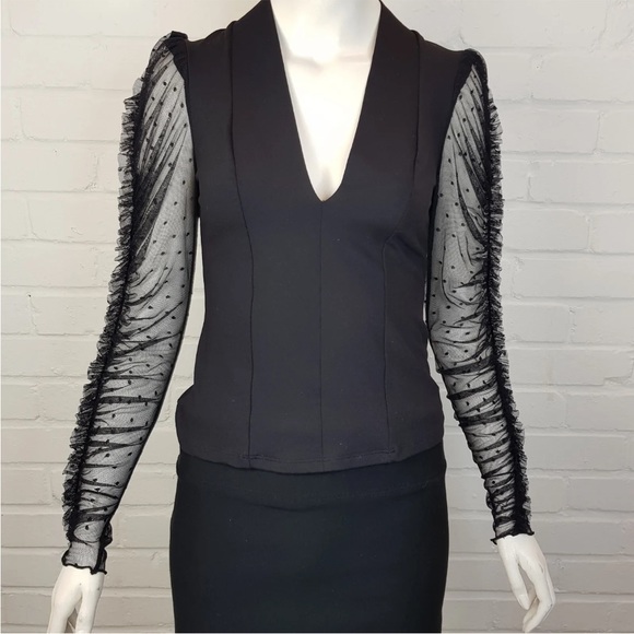 Free People Mesh Sleeves Top XS UK 4 6 Black V Neck Party Night Out BNWT - Picture 3 of 11